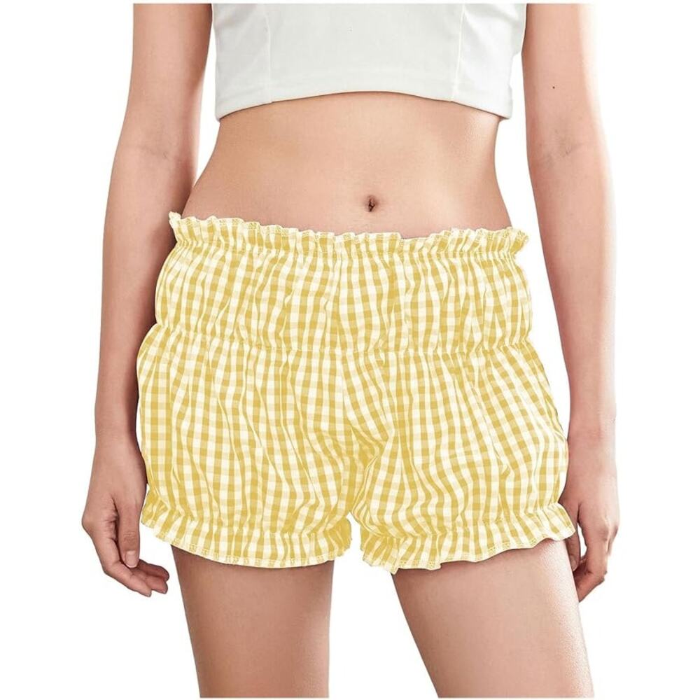 Social Scene Shorts Size Large Yellow White Cotton Gingham Ruffled Elastic Waist